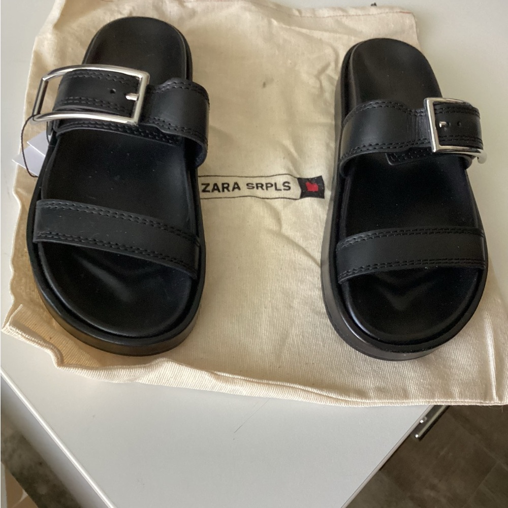 Zara SRPLS Black Slides with Silver Buckle